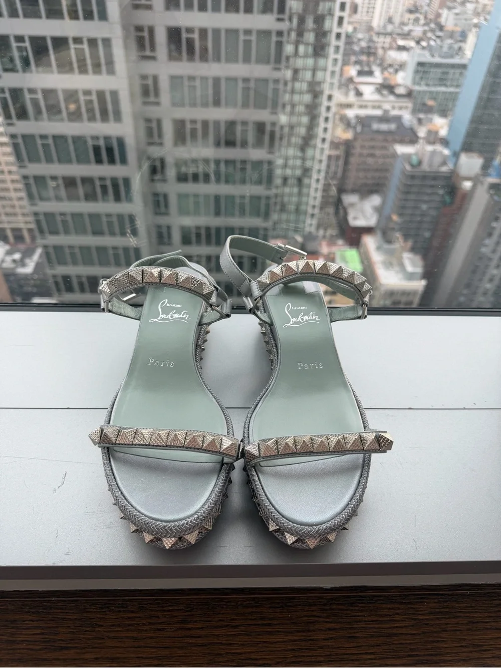 Christian Louboutin Flat Cataclou Metallic Blue/Silver Pyramid-Stud Sandals